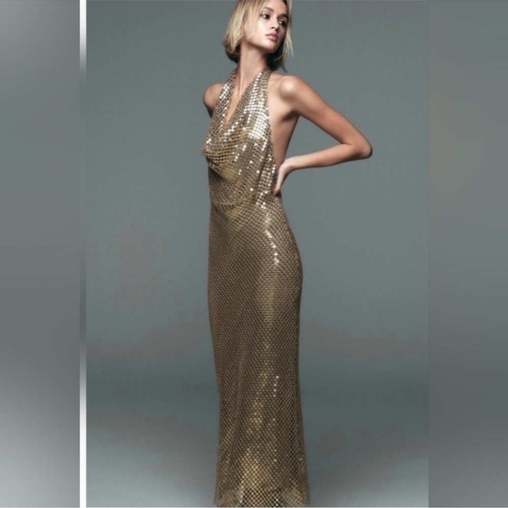 Zara Metallic Gold Sequin Midi Dress - Picture 8 of 8